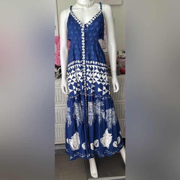 Farm Rio Ondina Linen blend Midi Dress with Cutout Waist in Blue & White Size M - Picture 2 of 13